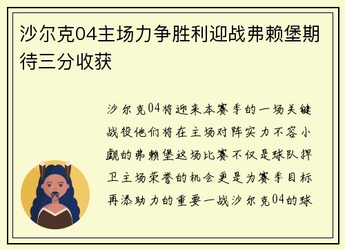 沙尔克04主场力争胜利迎战弗赖堡期待三分收获